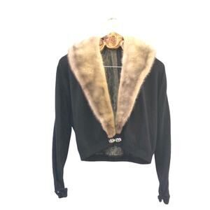 Vintage Pringle Sweater Scottish Cashmere Fur Trim Collar Iridescent Gem Accent